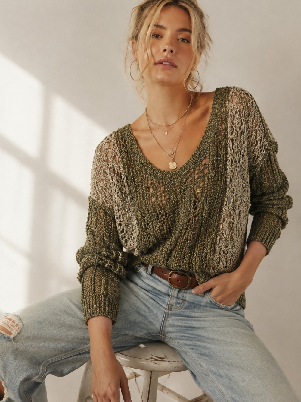 POL Khaki Green Open Knit Boho Sweater Medium EUC